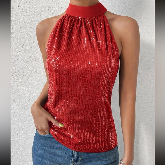 Luxe Sequin Halter Party Evening Holiday Top - Picture 12 of 12